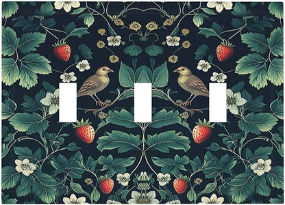 Decorative Switch Plates Strawberry Birds Flowers Plant Morris Floral 3 Gang Wall Plate Triple Toggle Light Switch Cover Faceplate Electrical Wall Panels for Bedroom Farmhouse Decor