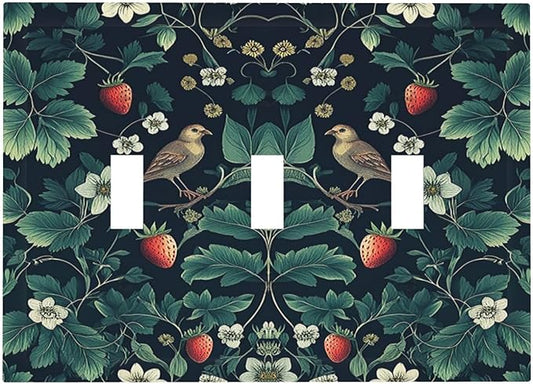 Decorative Switch Plates Strawberry Birds Flowers Plant Morris Floral 3 Gang Wall Plate Triple Toggle Light Switch Cover Faceplate Electrical Wall Panels for Bedroom Farmhouse Decor