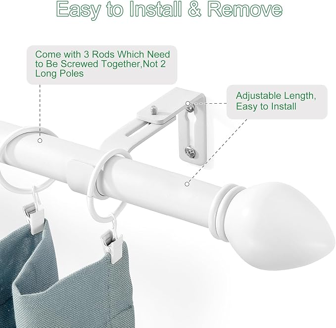 Curtain Rods for Windows 16 to 48 inches, Curtain Rod Max Adjustable Length to 60 in, Drapery Rod 1 inch Diameter with Modern Knobs Finials (White, 16" to 48" - Set of 2)