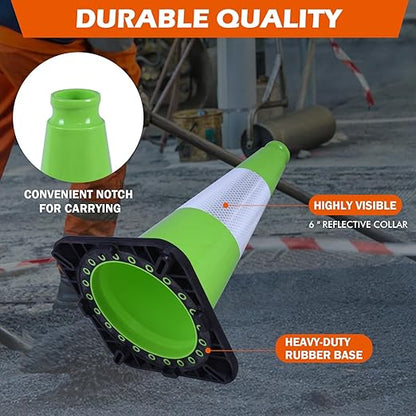 8 Pack 18 Inch Green PVC Traffic Cones Black Base Stable Durable, Parking Lot Driveway School Training Safety Cones Multi-Purpose (8, Green, 18 Inch)