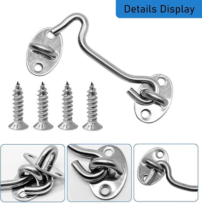 4 Pack 4" Hook and Eye Gate Latch, Stainless Steel Rust-Resistant Barn Door Lock Cabin Hooks for Gate Shutters Window Slide Barn Shed Cabinet Bathroom, with 16pcs Screw,Silver