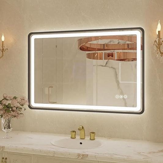 24x36 Inch Black Frame LED Bathroom Mirror with Lights, Dimmable Smart Lighted Bathroom Mirror, Anti-Fog, 3 Colors, Frontlit and Backlit, Waterproof, Memory Function Wall Mirror for Bathroom