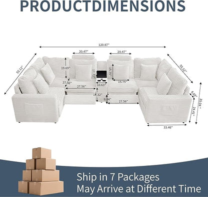 LEVNARY 6-Seat U Shaped Modular Sectional Sofa with Power Recliners, Faux Rabbit Fur Upholstery, Storage Console with Charging Ports & Cup Holders, Living Room Couch Set for Home Office (White)