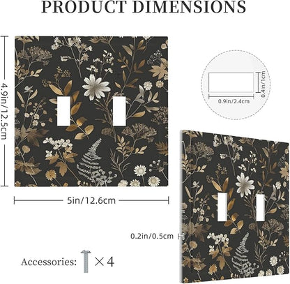 Decorative Switch Plates Black Gold Floral Dark Leaves Vintage Flowers 2 Gang Double Toggle Outlet Light Switch Cover Wall Plate Electrical Faceplate for Bed Room Home Decor