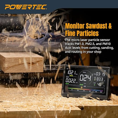 POWERTEC AD1001 Air Quality Monitor with 7” LCD Display – Multi-Sensor CO₂, PM2.5, PM10, HCHO, TVOC Detector, NDIR & Semiconductor Sensors, Rechargeable Indoor/Workshop Air Monitor