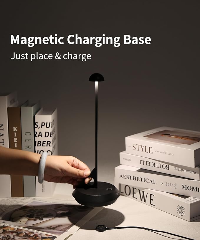 Cordless Table Lamp - LUME, Geometric Aesthetics, Magnetic Charging, Dimmable & Adjustable Lighting, IP65 - Portable Rechargeable LED Lamp for HoReCa, Bedroom, Living Room, Outdoor Use (Black)