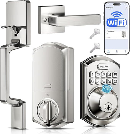 TEEHO TE012W-H WiFi Smart Door Lock with Handle, Fingerprint, Keypad, Key & App Control, Keyless Entry Deadbolt Set, Compatible with Alexa & Google Assistant, Easy Install for Front Door, Satin Nickel