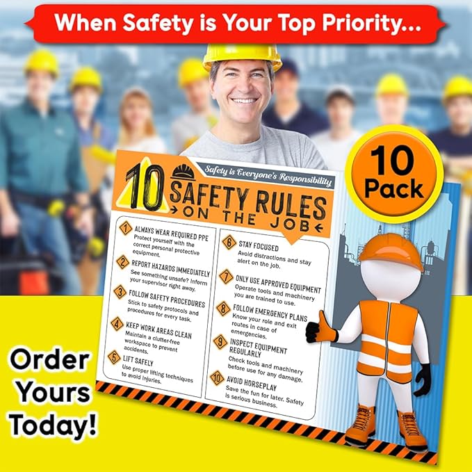 10 Safety Rules on the Job Poster 2026 Version – 18x24 Durable Laminated Safety Sign, Tear-Resistant, Waterproof Workplace Safety Poster for Industrial and Construction Settings (Pack of 10)
