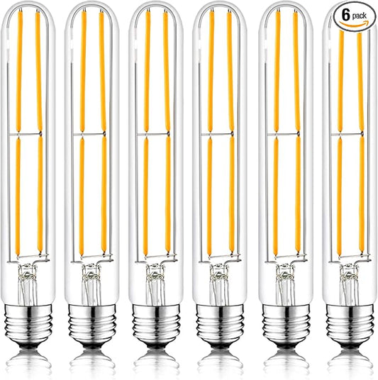 7.3 Inch E26 Led Bulb 6W Dimmable, 2700k Soft White Edison Bulbs 800LM, Equal 80 Watt Tubular T10 T9 Long Clear Glass Light Bulb for Rustic Pendant Pipe Wall Sconces Chandeliers - 6Pack