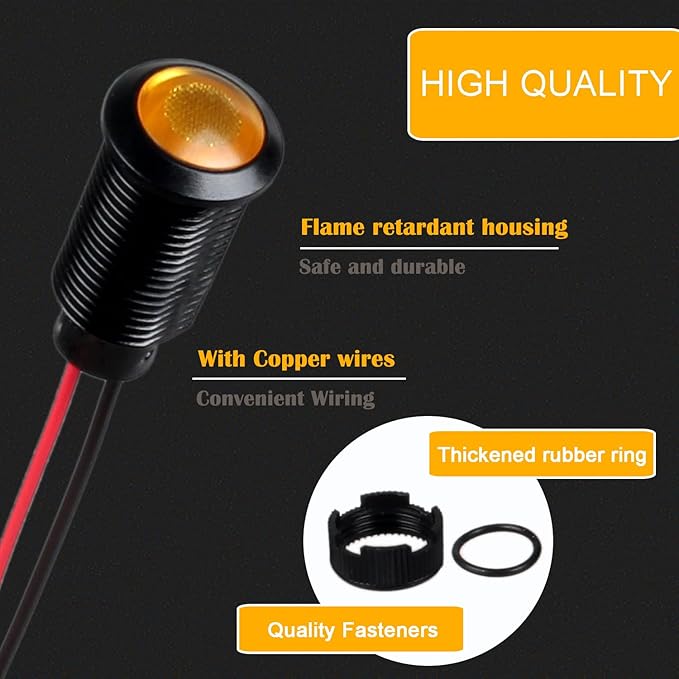 5pcs 12mm 12V-24V LED Indicator Light Plastic Black Signal Dot Lamp 12V-24V 1/2 inches Mounting Hole Size with 15cm/5.9in. Wire (Yellow LED)