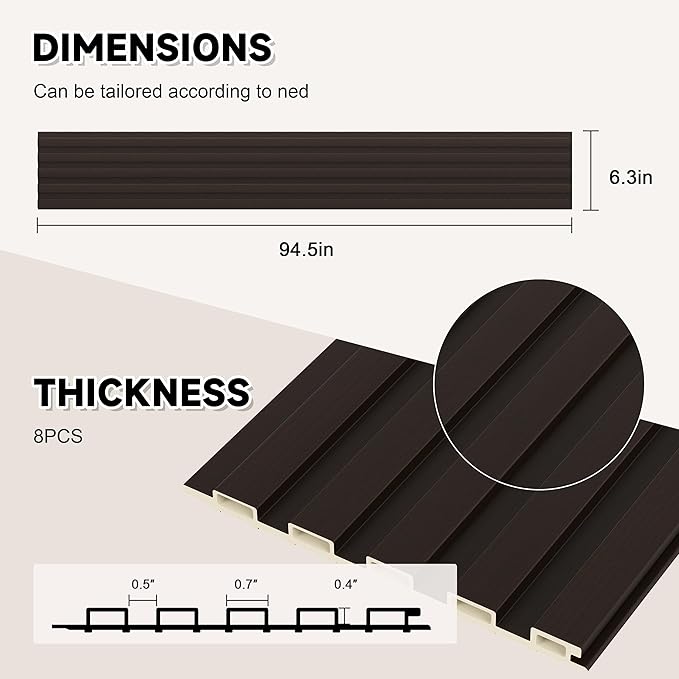Slat Wall Paneling,8-Pack 3D WPC Wood Wall Panels,Acoustic Wall Panels for Interior Wall Decor,Living Room,Bedroom,Black Brown,95 x 6 in