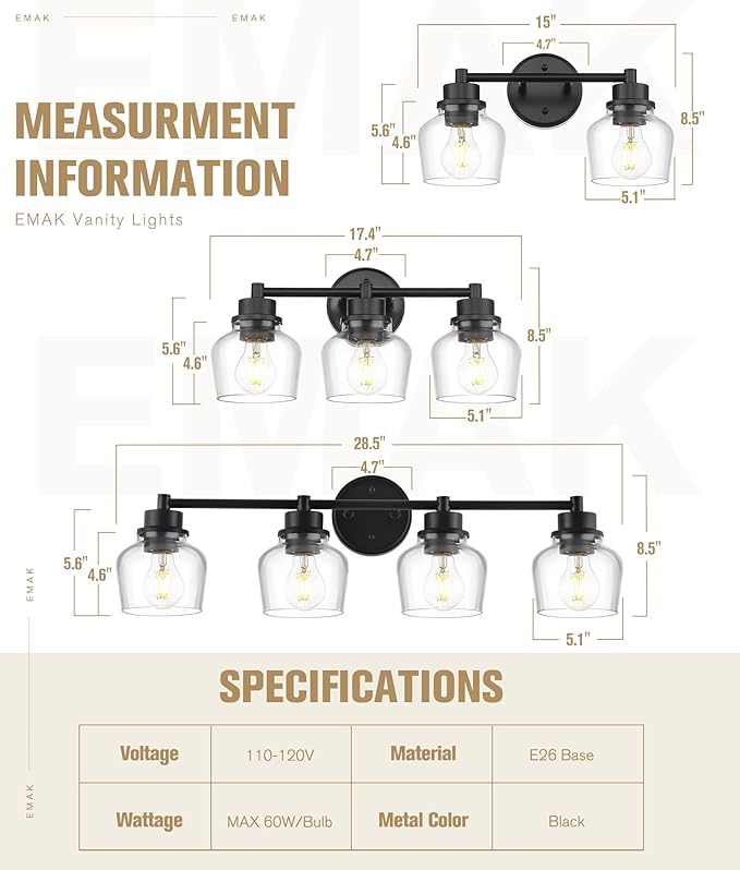 Emak 4-Light Bathroom Vanity Light, 29 Inch Black Bathroom Light Fixtures Over Mirror with Clear Glass Shade, Modern Farmhouse Vanity Lights for Mirror, Bath, VL122-BK-CG-4