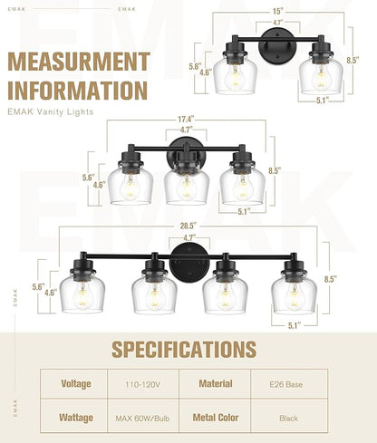 Emak 4-Light Bathroom Vanity Light, 29 Inch Black Bathroom Light Fixtures Over Mirror with Clear Glass Shade, Modern Farmhouse Vanity Lights for Mirror, Bath, VL122-BK-CG-4