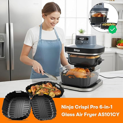 Silicone Air Fryer Liners 2 Pack, Reusable Non-Stick Square Liners Compatible with Ninja Crispi Pro Glass Air Fryer AS101CY, 5–6.5QT Air Fryer Baskets