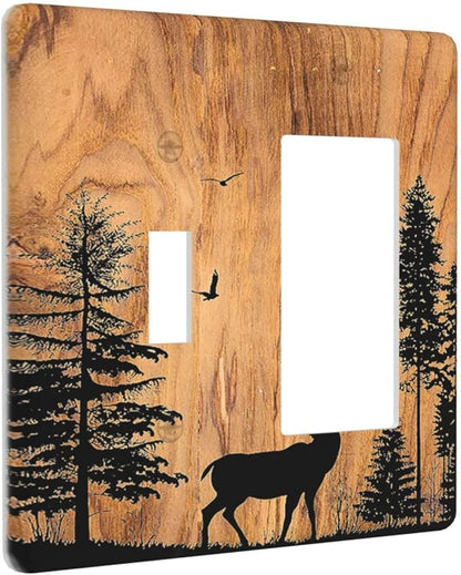 Outlet Covers Rustic Farmhouse Orange Brown Pine Tree Deer Wood Grain 1 Toggle 1 Rocker Combination Decorative Wall Plate Electrical Switch Plates Light Switch Cover Plate for Bedroom