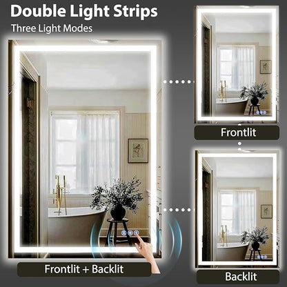 GLSLAND 26"x38" LED Bathroom Mirror with Lights, Dimmable Front and Backlit Vanity Mirrors, Wall Mounted Anti-Fog Lighted Mirror, Horizontal/Vertical Hanging