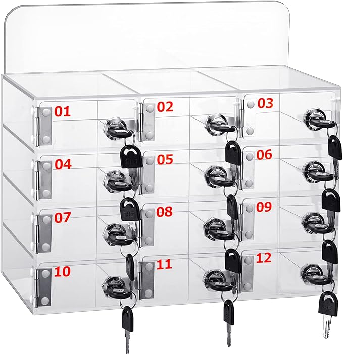 Threan Cell Phone Locker Box for Classroom with Door Locks and Keys Clear Acrylic Phone Jail Storage Cabinet Wall Mounted for School Factory Office(12 Slot)