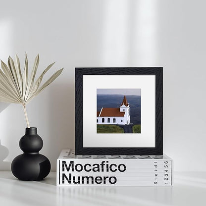 6x6 Picture Frames, Solid White Oak Wood Frame 6 x 6 with Stand for Wall & Tabletop Display, Rustic Wooden Photo Frame 6 by 6 with Real Glass, 6x6 Frame Matted to 4x4, Black Color, Set of 4