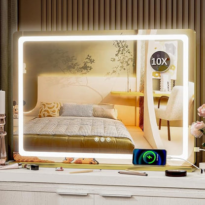 Makeup Vanity Mirror with USB Charging Port 24" x 19" Large LED Makeup Mirror, Desk Mirorr with Lights, Light up Mirror with 10X Magnification and, Dimmable 3 Modes, Touch Control Gold