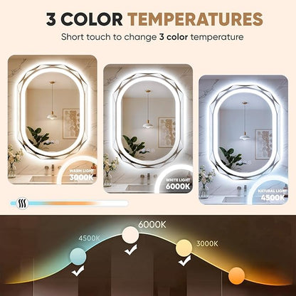 30"X40" Oval LED Bathroom Mirror with Lights, Frameless Vanity LED Mirror for Bathroom with Beveled Edge, Backlit Anti-Fog, Dimmable, 3 Colors, Memory Function, Tempered Glass, Shatter-Proof