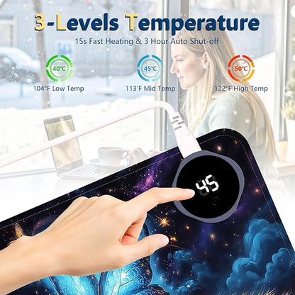 Heated Mouse Pad with 3 Temperature Settings(104°F–122°F),Large 31.5x13 Inch PU Leather Heated Desk Mat,Waterproof Warming Pad for Office,Gaming & Cold Hands Relief,Cat Bule Butterfly