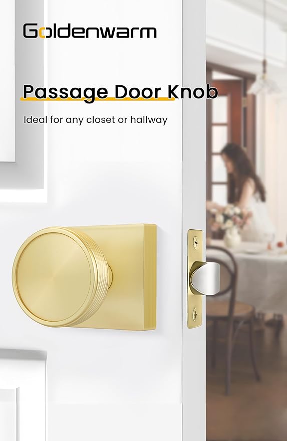 goldenwarm Passage Door Knob Gold, Zinc-Alloy Modern Brushed Gold Closet Door Knob Interior for Hallways, Heavy Duty Square Gold Modern Doorknob - 1 Pack
