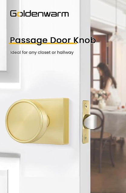 goldenwarm Passage Door Knob Gold, Zinc-Alloy Modern Brushed Gold Closet Door Knob Interior for Hallways, Heavy Duty Square Gold Modern Doorknob - 1 Pack