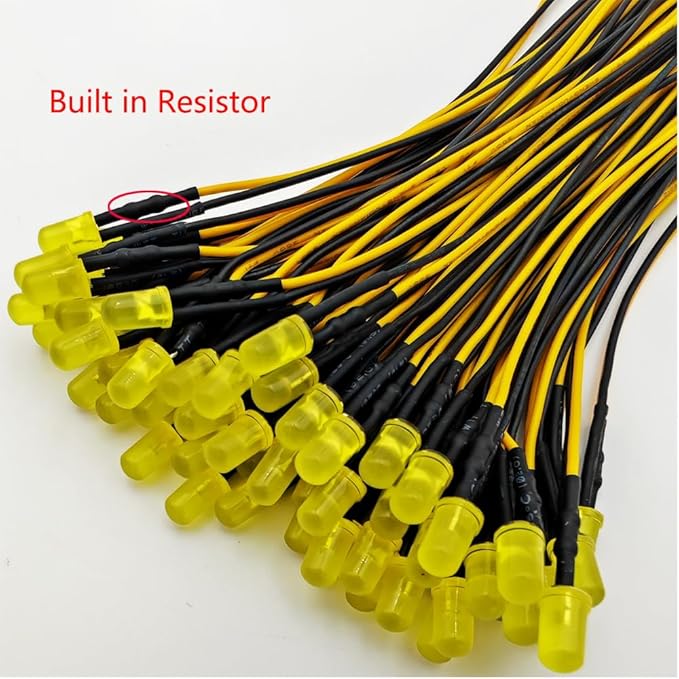 50pcs 3V-4.5V-5V-6V-7.5V-9V-12VDC 5mm Yellow LED Lights Emitting Diodes, 12VDC Prewired 7.9 Inch V LED Light Diffused Colored Lens Small LED