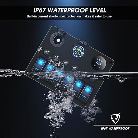 MKING 6 Gang Marine Switch Panel - Waterproof Rocker Switches with USB & Type-C Charger, Circuit Breaker, Digital Voltmeter, and Power Socket, Compatible with 12V-24V Vehicles