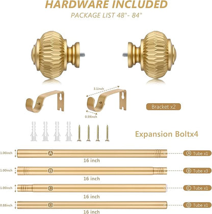 Gold Curtain Rods for Windows 48 to 84 Inches 1 Inch Adjustable Heavy Duty Curtain Rods with Lantern Ball Finials,Window Treatment Single Curtain Rod Set