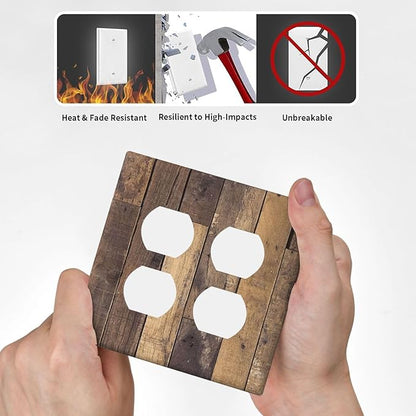 Cool Brown Wood Style Vintage Rustic Print Outlet Covers 2 Gang Double Duplex Decorative Light Switch Covers Electrical Wallplates Socket Faceplate for Farmhouse Home Decor