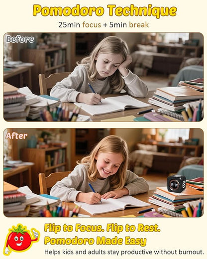 Pomodoro Timer Cube Visual Productivity Flip Timer for Kids Classroom Desk, 5/10/25/50min&Custom Countdown, Silent&Sound Mode Digital Cube for ADHD Study Work School Game Kitchen (Black)