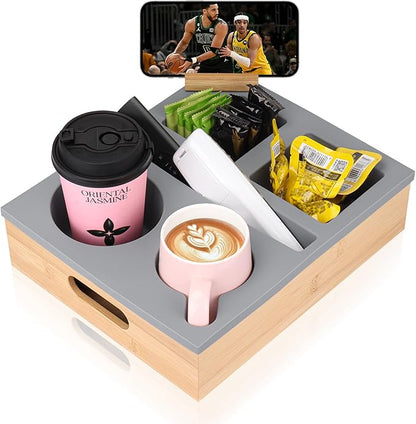 Couch Cup Holder Tray, Couch Caddy with Rotatable Phone Holder, Wooden Sofa Drink Holder with Handle for Bed Car Seat Beach Organizer, Anti-Spill for Snacks Beverage Remote Grey