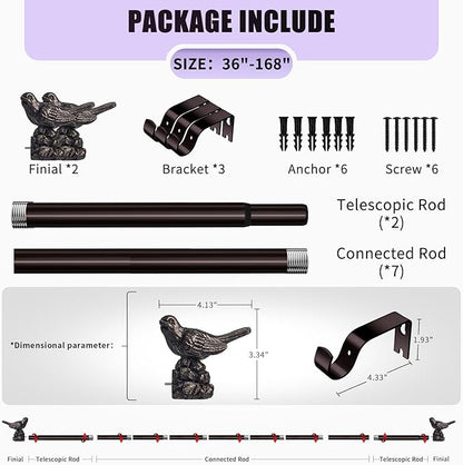 Curtain Rod 36 to 168 Inches Vintage Oil Bronze Curtain Rods for Windows Adjustable Drapery Rod with Bird Finials Heavy Duty Window Brown Curtains Rods for Living Room Bedroom