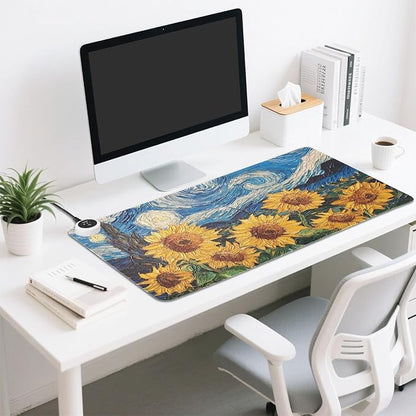 Heated Desk Pad Mouse Pad 31.5x13 Inch PU Leather Desk Mat with 3 Heat Levels Large Mouse Gaming Computer Laptop Mat Starry Night Blue Sunflowers