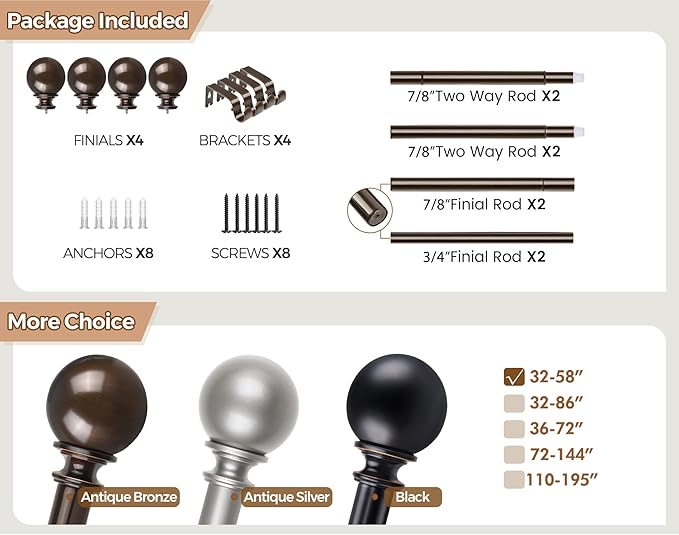 KAMANINA 2 Pack Curtain Rods 32 to 58 Inch (2.6-4.8ft), 7/8 Inch Single Heavy Duty Curtain Rods for Windows Adjustable Decorative Drapery Rod with Round Finials, Antique Bronze