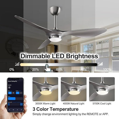 reiga 52 Inch Modern Smart Wifi Ceiling Fan with Light and Remote Control, Living Room Bedroom patio 3 Blade Ceiling Fans with Reversible Mute DC Motor, Silver