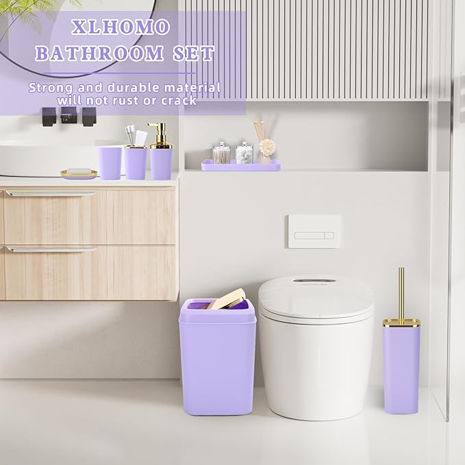 Purple Bathroom Accessories, Bathroom Sets with Stripe Shower Curtain, Purple and Gold Bathroom Accessories Set with Trash Can, Soap Dispenser, Soap Dish, Qtip Holders for Bathroom