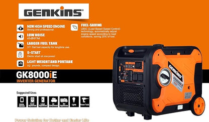 8000 Watts Portable Inveter Generator Quiet Operation Electric Starter Gas Powered Wheel Kit Included Gas Powered Perfect for Camping, Recreation, Emergercy Back UP etc