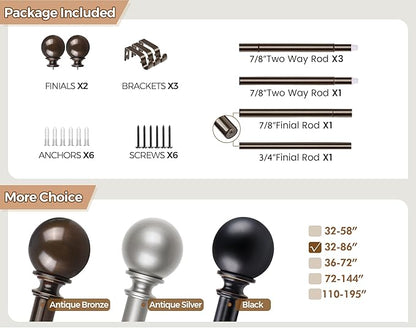 KAMANINA Curtain Rods for Windows 48 to 84 Inches, Bronze Curtain Rod 32 to 86 Inches (2.6-7.1ft), 7/8 Inch Decorative Drapery Rod with Round Finials