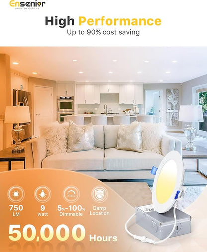 Ensenior 12 Pack 4 Inch LED Recessed Ceiling Light, Dimmable, 3000K Warm White, 750LM 9W 120V, High Brightness Canless Wafer Downlight - ETL&FCC&IC