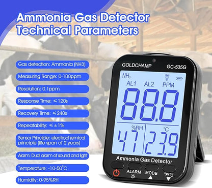 Portable Ammonia Gas Detector | 0-100 PPM Rechargeable Ammonia Gas Monitor | Resolution 0.1ppm with Temperature(℉/℃) | Humidity | Backlight Display | Dual Alarm for Poultry, Farm, Home GC-535G
