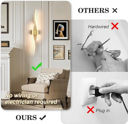 Battery Operated Wall Sconces with Remote Control, Dimmable/3 Colors/Night-Light/Timer/Memory, Gold Modern Wireless LED Sconce for Living Room, Hallway, Bedroom, 39.3 Inch (1 Pack)