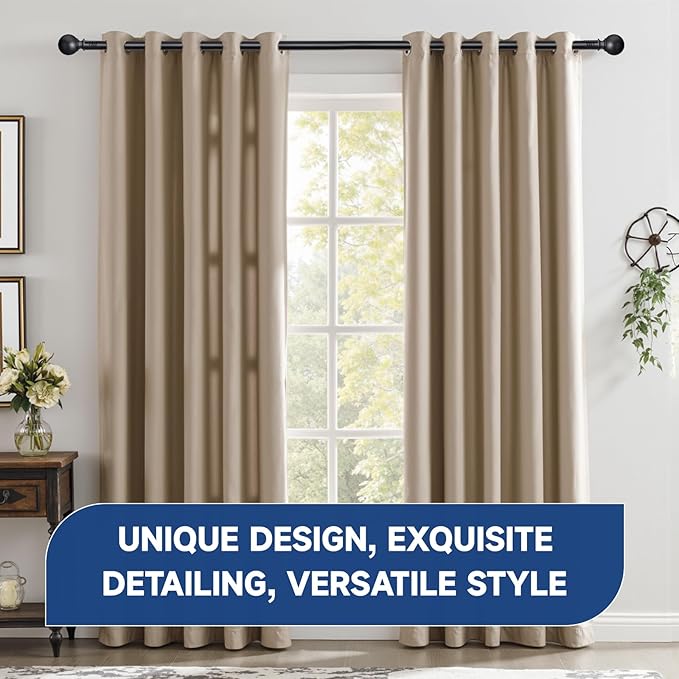 BRIOFOX Black Curtain Rods for Windows 72 to 144 Inch(6-12ft) - 1'' Diameter Heavy Duty Curtain Rods with Imitation Wood Grain Pattern Finials,Adjustable Decorative Curtain Rods Set,28-144''