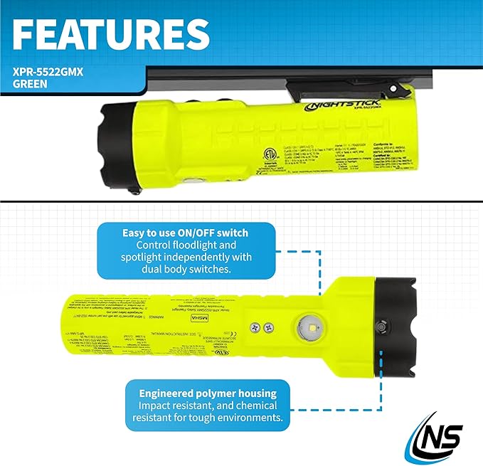 Nightstick XPR-5522GMX Intrinsically Safe Dual-Light Flashlight w/Magnets-Rechargeable-Green-UL913 / ATEX, Multicolor