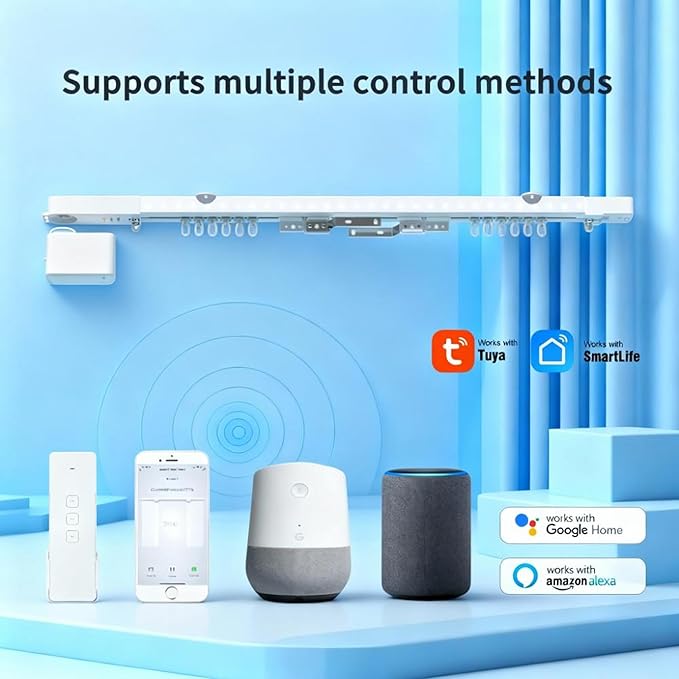 Smart Curtain Track System with Mini Zigbee Motor, Automatic Ceiling Curtain Opener, Motorized Curtains Rod 165.3''(4.2m) with App, Voice, Remote Control,Compatible with Alexa,Google and Siri