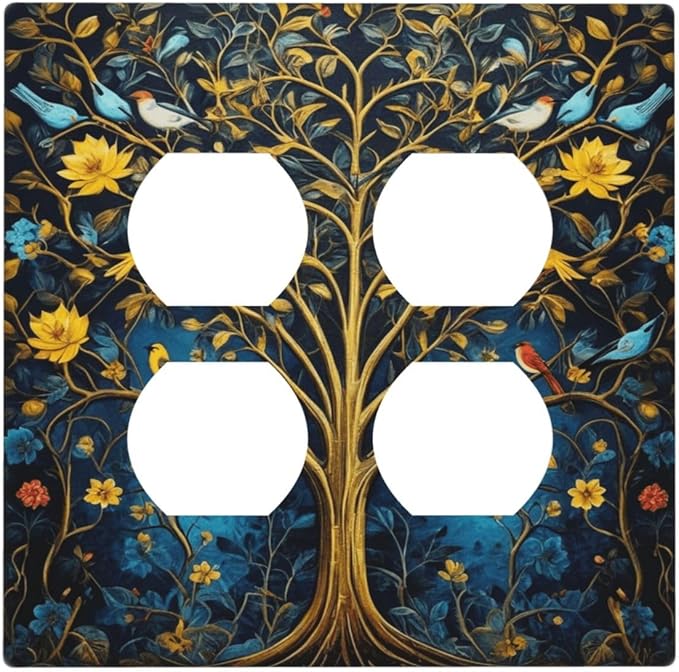 Decorative Outlet Covers Gold Tree of Life Blue Bird Yellow Flower 2 Gang Wall Plate Double Duplex Light Switch Cover Switch Plate Covers Faceplate for Bedroom Home Decor