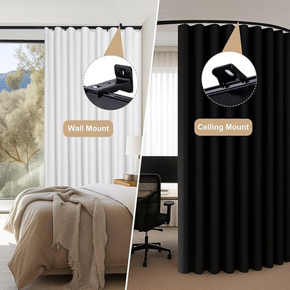 Aluminum Ceiling Curtain Track Set with Hooks Ceiling Mount and Wall Mount Room Divider Sliding Curtain Tracks Rods Flexible Heavy Duty Curtain Rail Hook Sets, Black, 24FT