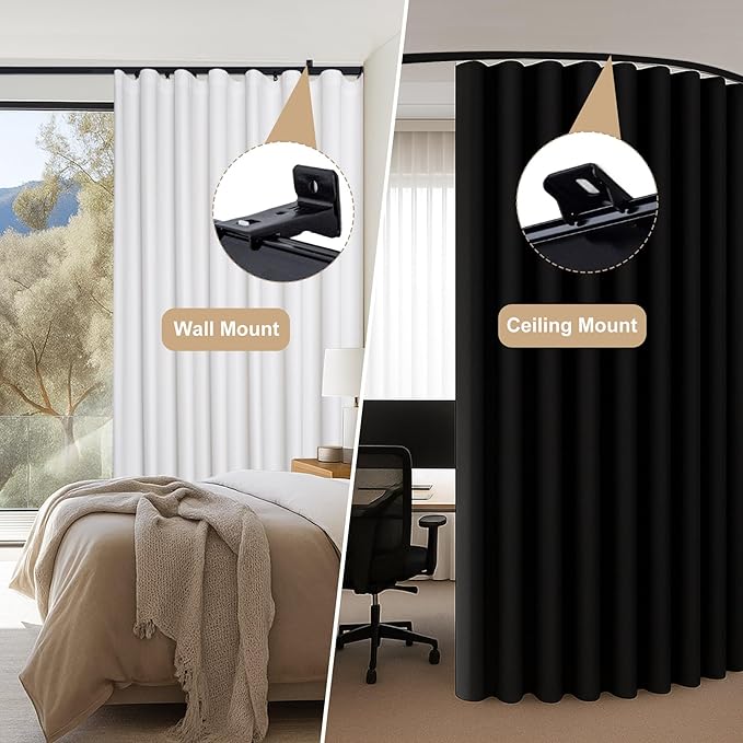 Aluminum Ceiling Curtain Track Set with Hooks Ceiling Mount and Wall Mount Room Divider Sliding Curtain Tracks Rods Flexible Heavy Duty Curtain Rail Hook Sets, Black, 9FT