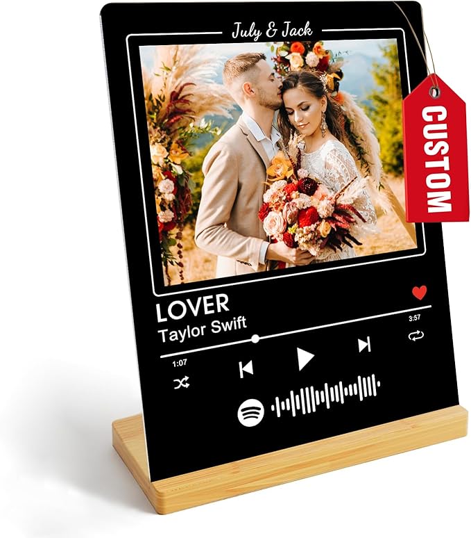 Custom Photo Prints - Metal Desktop Picture Frame with Photos & Spotify Song Plaque & Wooden Base Personalized Gifts for Family Friends and Lovers, Optional Multiple Sizes
